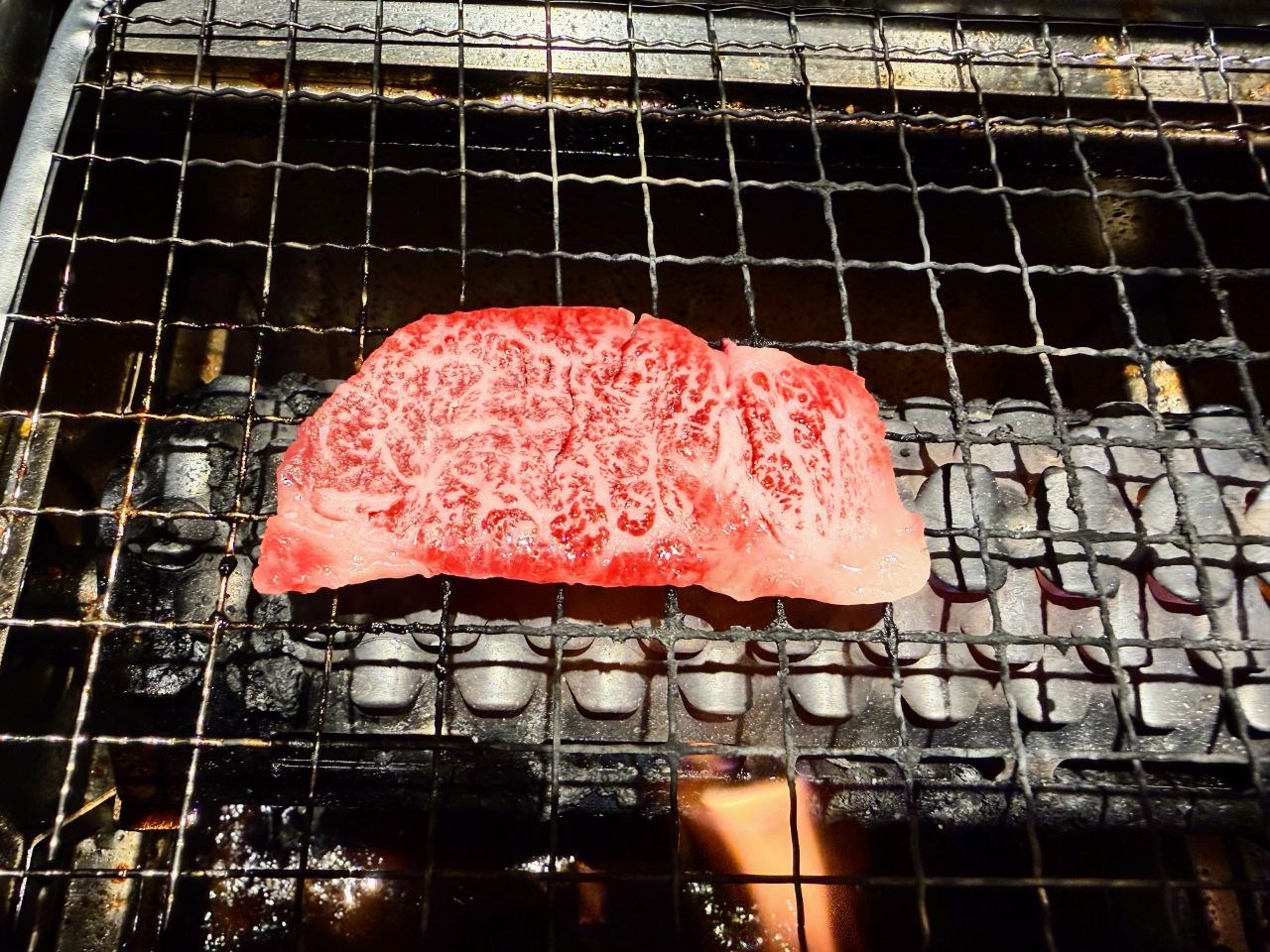 Carne de Wagyu sobre parrilla en Dotonbori