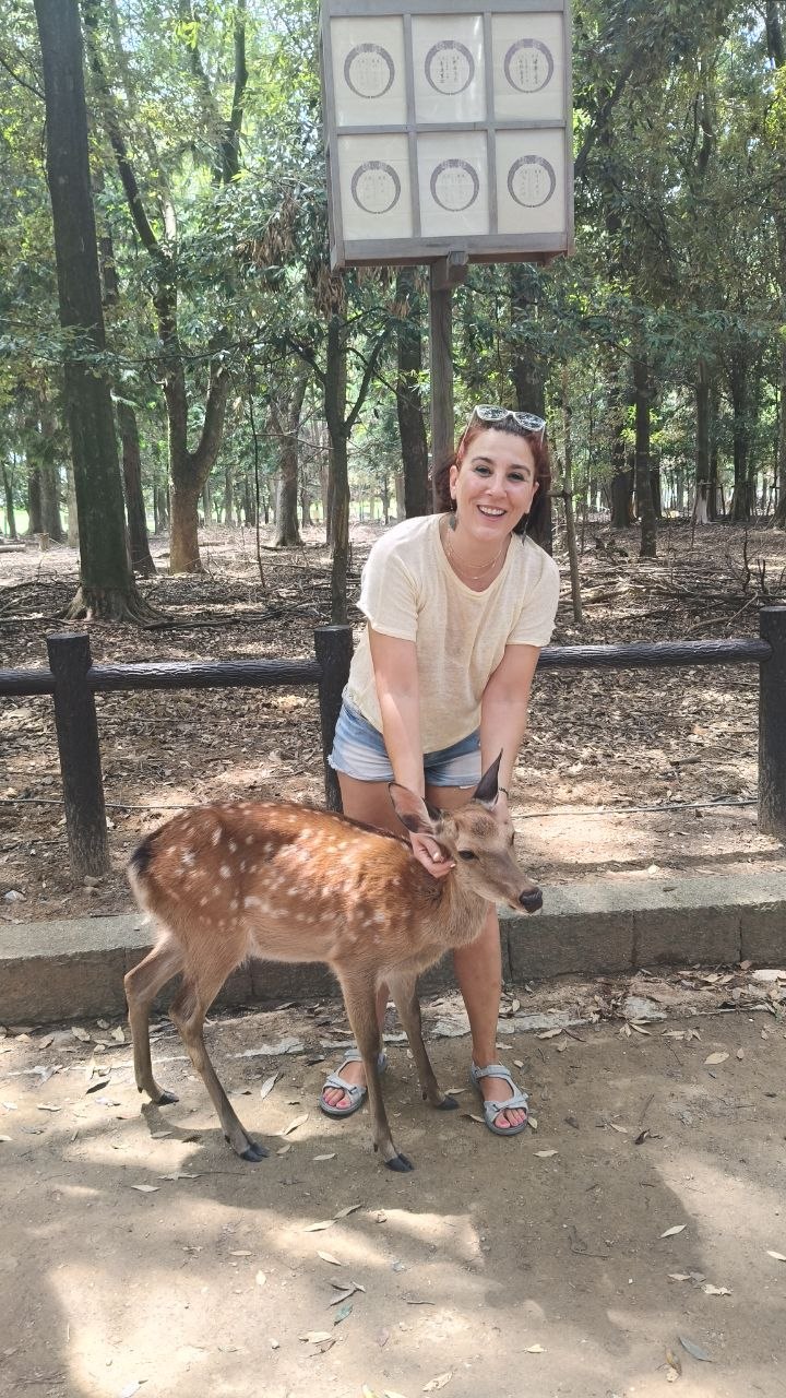 Vanessa acariciando un ciervo en Nara Park