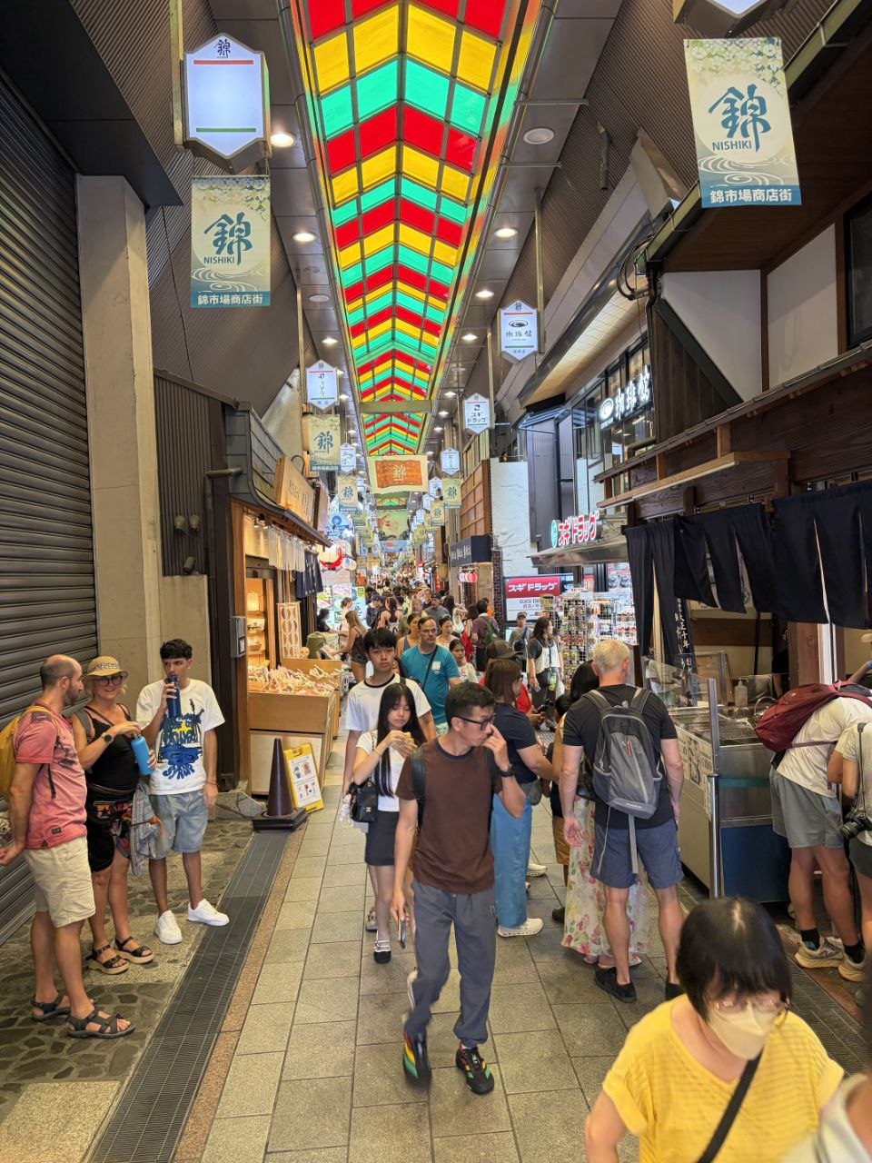 Galeria cubierta de Nishiki Market con techo de colores y puestos llenos de gente