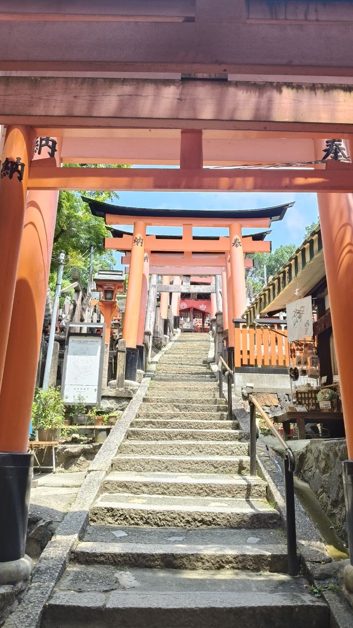 Escaleras vistas a traves de varios torii rojos en Fushimi-Inari Taisha