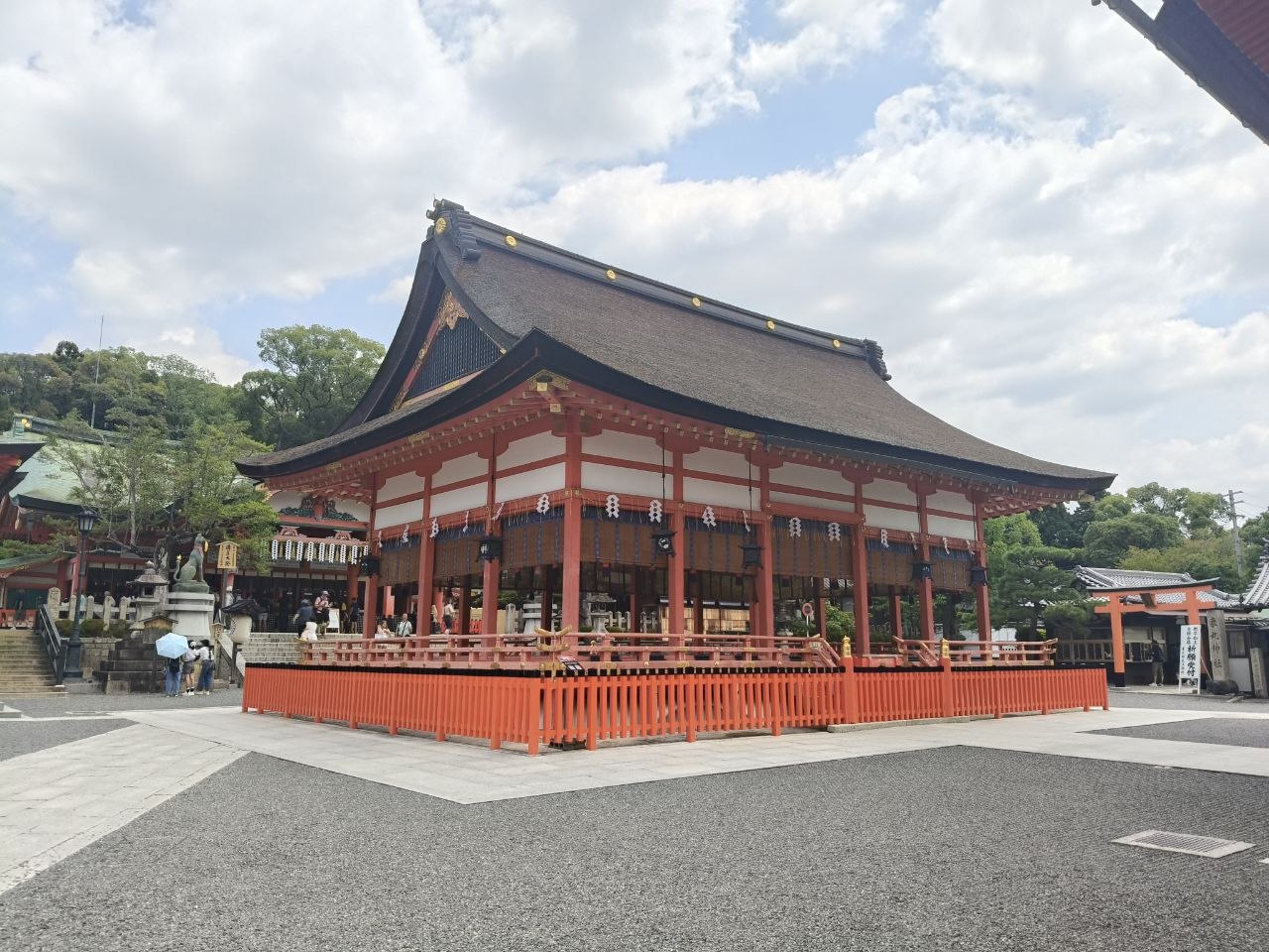 Edificio principal de Fushimi-Inari Taisha con valla roja y cielo nublado