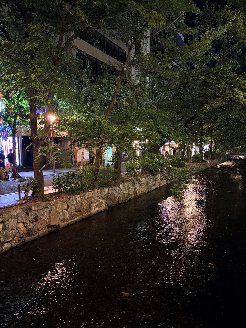 Canal junto a Pontocho de noche con arboles y reflejos de luces en el agua