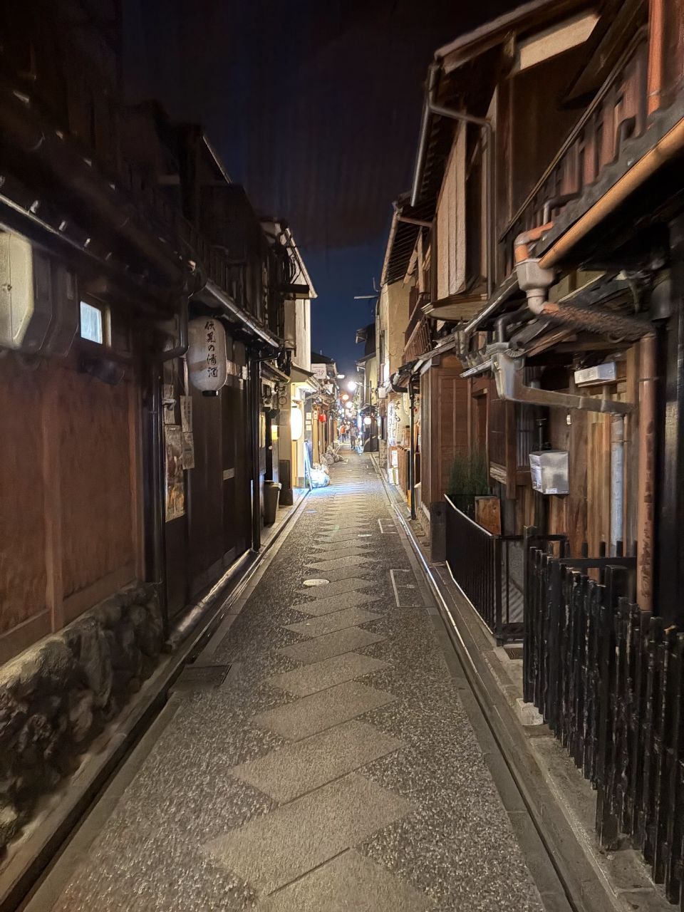 Calle empedrada de Pontocho de noche con casas tradicionales y pocos peatones